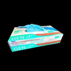 May include: A box of 100 powder-free nitrile examination gloves in size large. The box is blue and green with the text "GEN-X" and "Nitrile Examination Gloves Powder Free" printed on it. The gloves are blue and are visible through a window on the box.