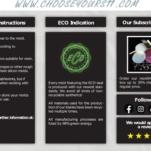 May include: A black and white image with three sections. The left section has a list of care instructions for silicone molds. The middle section has a green ECO seal and text about the company's commitment to sustainability. The right section shows a subscription box with silicone molds and text about the subscription service. The text "WWW.CHOOSEYOURS11.COM" is at the top of the image.