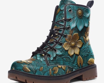 Floral Leather carving effect Casual Leather Lightweight boots, Women’s Fashion Lace Up Boots, Cute Flower Print Boots, Trendy Gift Boots
