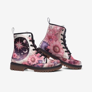 Pink Celestial Moon Flowers Boots, Mystical Vegan Leather Lightweight Combat Boots