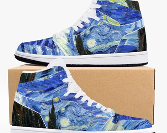 Starry Night, inspiré de AJ1, baskets montantes en cuir, Van Gogh Art Painting, disponible en lacets et languettes blancs et noirs