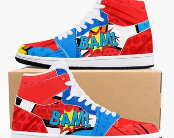 Comic Book Sneakers, Colorful AJ1 inspired High-Top Leather Sneakers, available in white and in black laces and tongue