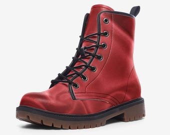 Red Silk Combat Boots, Beautiful Vegan Leather, Casual Leather Lightweight boots MT