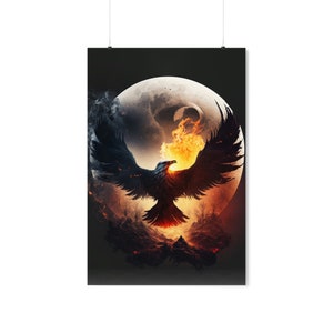 Premium Matte Vertical Poster, Phoenix Poster, Phoenix Rising From Ashes, Moon Light, Rebirth, Resurrection, New Beginnings Art Print, Decor