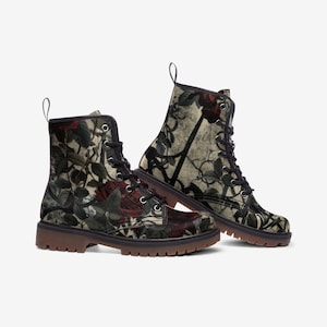Gothic Combat Boots Floral Casual Vegan Leather, Dark Lightweight boots