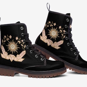 Celestial Mystical Sun Face & Stars Combat Boots, Vegan Leather Lightweight boots MT