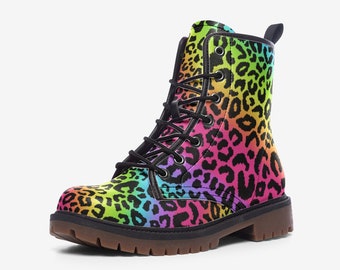 Rainbow Leopard Boots, Vegan Leather, Combat Boots, Lightweight boots