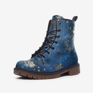 Celestial Cosmic Floral Stars Combat Boots,  Vegan Leather Lightweight boots