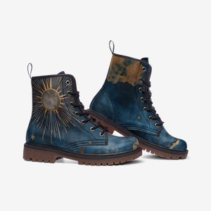 Celestial Moon Phases Combat Boots,  Stars and Sun, Vegan Leather Lightweight boots