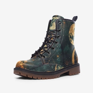 Celestial Moon Phases Combat Boots,  Stars and Sun, Vegan Leather Lightweight boots