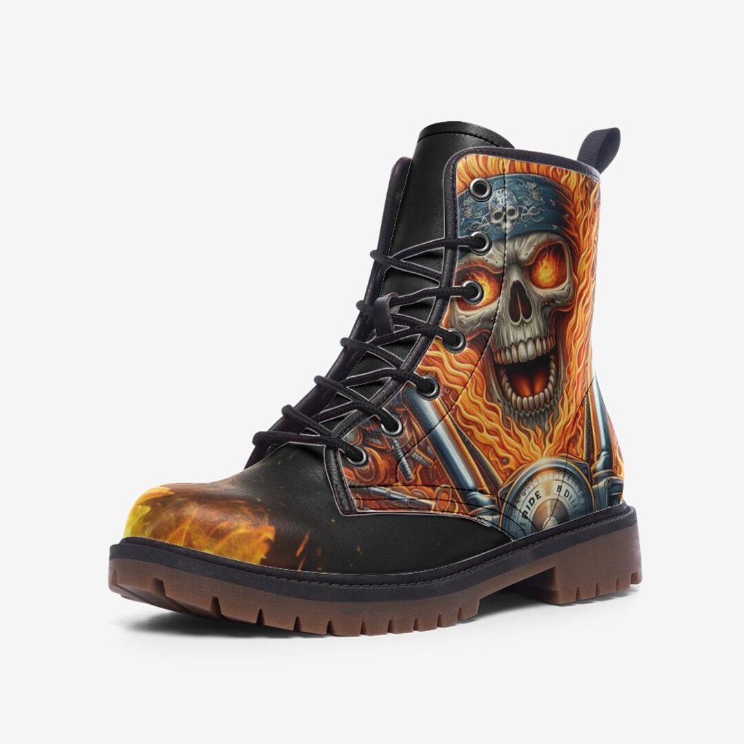 Skull Flame Combat Boots, Biker Fire Boots, Vegan Leather Punk Boots ...
