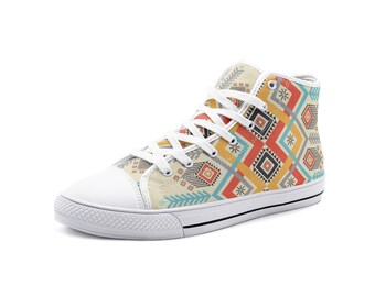 Tribal Aztec Sneakers, Geometrische High Top Canvas Schuhe, Unisex Boho Ethnische Muster Sneakers