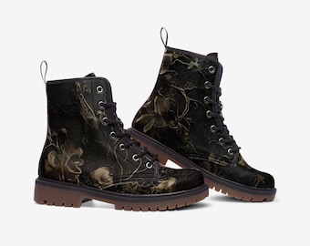 Gothic Combat Boots Floral Casual Vegan Leather, Dark Lightweight boots