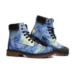 Starry Night Boots, Van Gogh Paint Art, Trendy, Combat Boots, Vegan Leather, Lightweight boots TB
