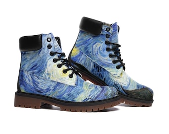 Botas de noche estrellada, arte de pintura de Van Gogh, moda, botas de combate, cuero vegano, botas ligeras TB