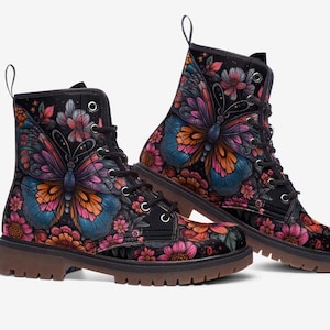 Floral Butterfly Moth Boots, Mystical Forest Combat Boots, Vegan Leather Lightweight boots