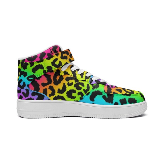 Rainbow Leopard Sneakers, Unisex High Top Leather Sneakers