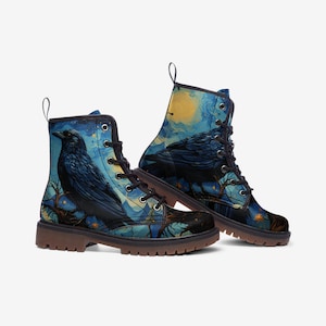 Raven Crow Combat Boots, Starry Night Painting, Art, Casual Leather Lightweight boots