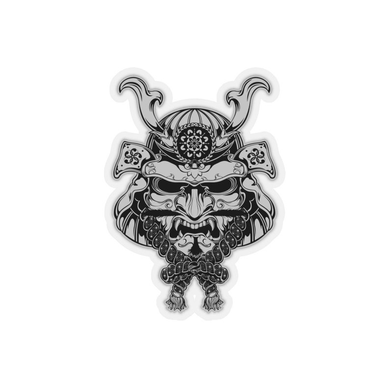 May include: Black and white illustration of a samurai warrior's helmet with horns and a detailed design. The helmet is decorated with a floral pattern and has a fierce expression.