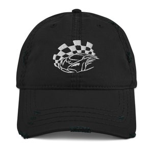 Rennauto-Hut, bestickte Rennflagge & Auto für Mechaniker Sport liebhaber, Distressed Dad Hat