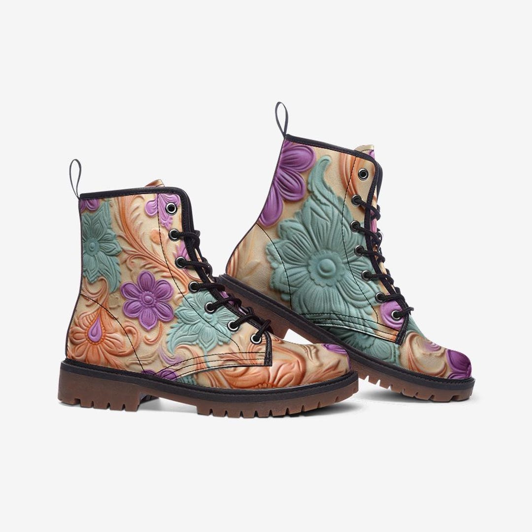 Pattern For Combat Boot Floral Pattern Combat Boots, Colorful Embossed Style Boots, Women’s ...