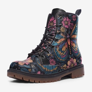 Floral Butterfly Moth Boots, Mystical Forest Combat Boots, Vegan Leather Lightweight boots
