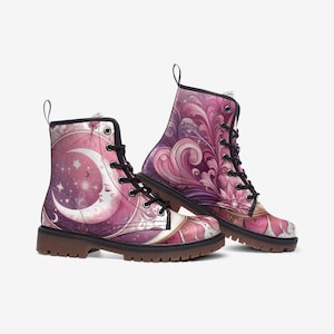 Pink Celestial Moon Flowers Boots, Mystical Vegan Leather Lightweight Combat Boots