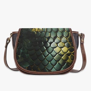 Dragon Scale Crossbody Bag, Green Reptile Print, Fantasy Flap Saddle Bag
