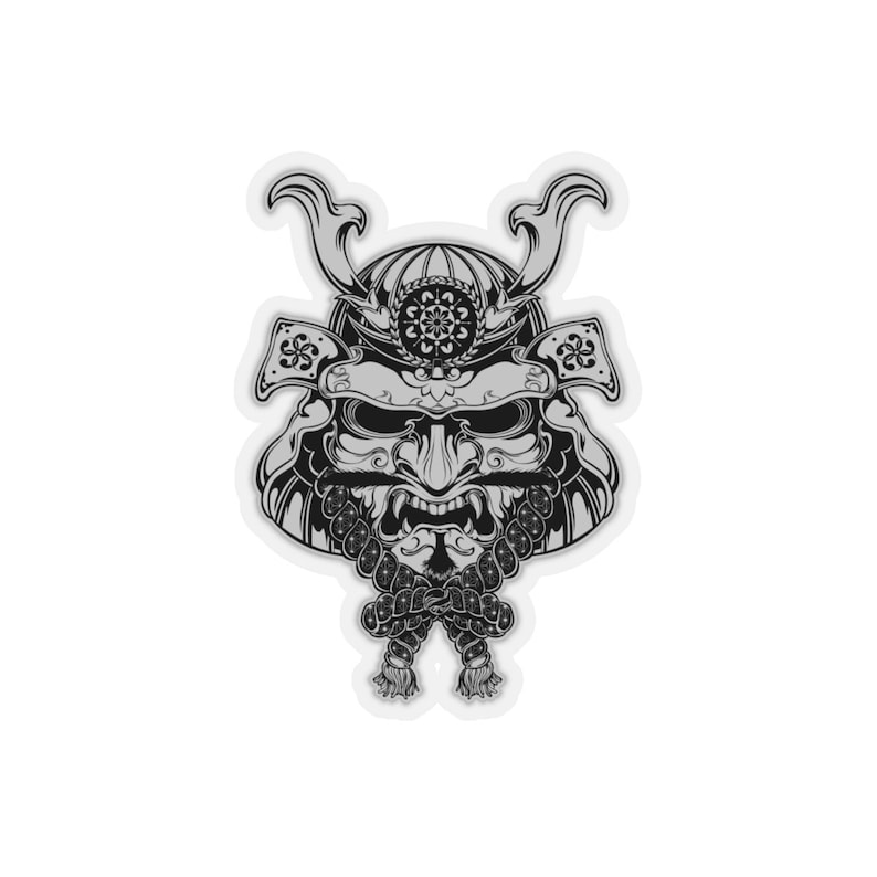 May include: Black and white illustration of a samurai warrior's helmet with horns and a detailed design. The helmet is decorated with a floral pattern and has a fierce expression.
