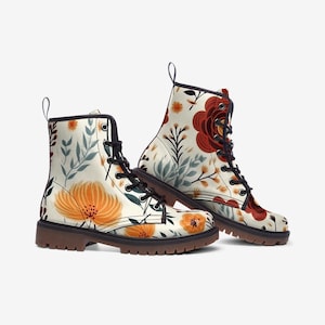 Boho Fall Boots, Cute Flowers Vegan Leather Floral Lightweight boots