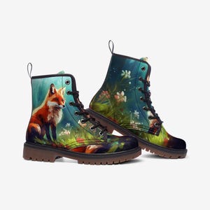 Enchanted Forest Fox Combat Boots – Mystical Dark Woodland Design, Vegan Leather Boots
