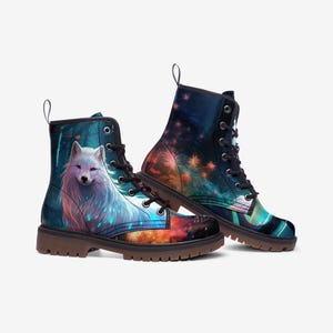 Enchanted Forest White Fox Combat Boots – Mystical Dark Woodland Design, Vegan Leather Boots