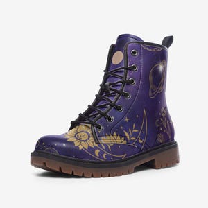 Celestial Moon Phases Combat Boots,  Stars and Sun, Vegan Leather Lightweight boots