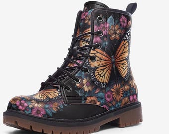 Yellow Monarch Butterfly Pattern Print Men Women Leather Boots