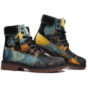 Black Cat Starry Night Combat Boots, Van Gogh Painting, Art Boots, Casual Leather Lightweight boots TB