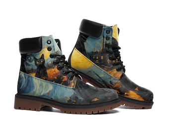 Botas de combate de noche estrellada de gato negro, pintura de Van Gogh, botas de arte, botas ligeras de cuero casuales TB