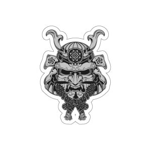 May include: A black and white illustration of a samurai warrior's helmet with a fierce expression. The helmet is decorated with intricate details and a rope is tied around the bottom.