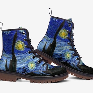 The Starry Night-laarzen, dameslaarzen, veganistische leren laarzen, gevechtslaarzen, cadeau voor kunstliefhebber en kunstenaar, casual laarzen