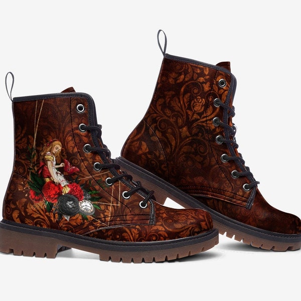 Alice au pays des merveilles Bottes, Bottes de combat, Chaussures personnalisées rouges, Bottes en cuir végétalien, Cadeaux pour elle, Goth, Chaussures mignonnes décontractées