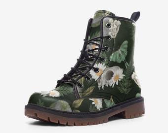 Goblincore Mushroom Boots,Vegan Leather,Combat Boots,Witchcore Festival Club,Mushroom Butterly Print Boots,Casual Leather Lightweight boots