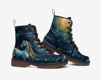 Botas de noche estrellada, Caballo bonito, Arte de Van Gogh, Botas de combate, Cuero vegano, Botas ligeras MT