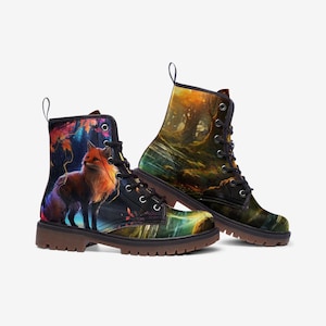 Enchanted Forest Fox Combat Boots – Mystical Dark Woodland Design, Vegan Leather Boots