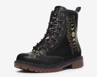 Moon Phases Combat Boots, Gold Glitter, Stylish, Unique, Vegan Leather Lightweight boots MT
