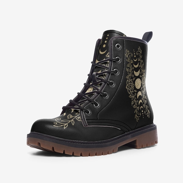 Moon Phases Combat Boots, Gold Glitter, Stylish, Unique, Vegan Leather Lightweight boots MT