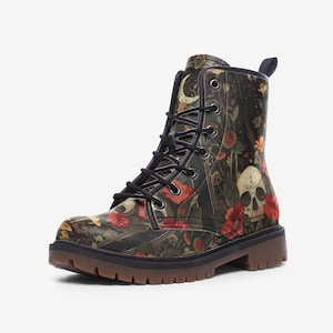 Celestial Skull and Enchanted Forest Combat Boots, Vegan Leather Lightweight boots