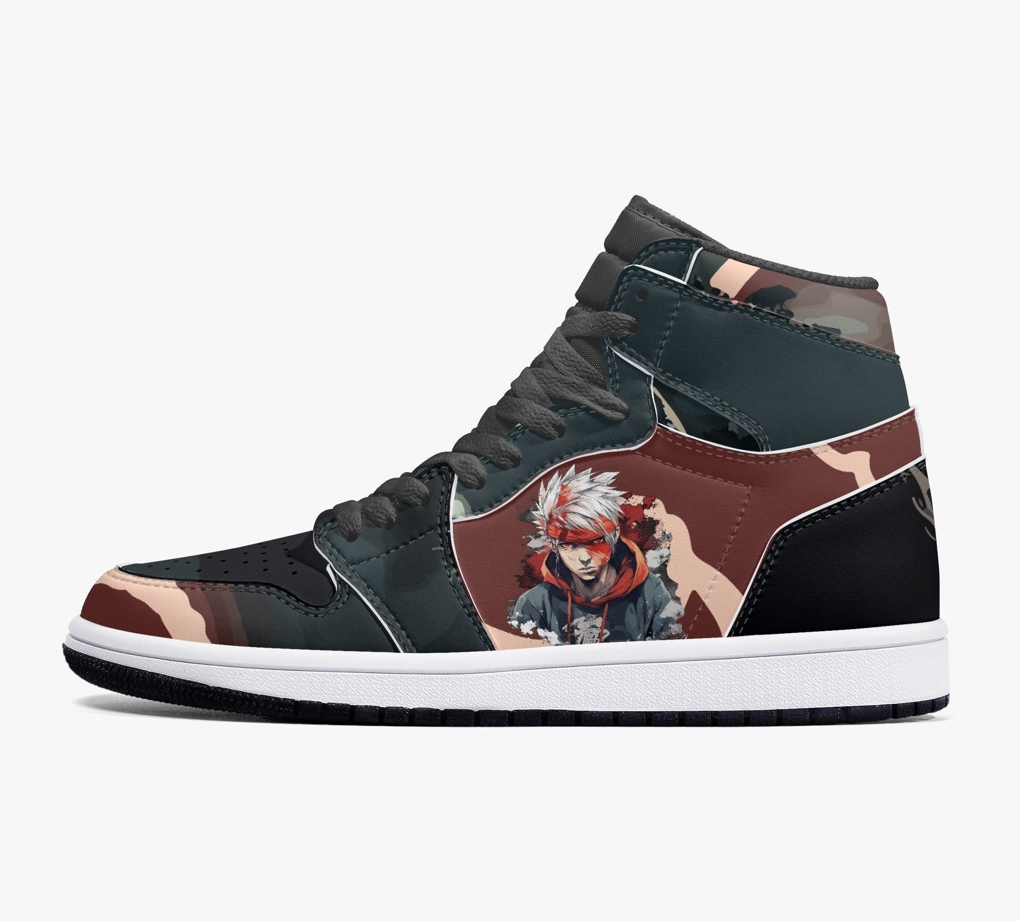 Anime Custom Shoes, Ninja Boy Leather Sneakers, Akatsuki Cloud, AJ1 inspired High-Top Leather Sneakers