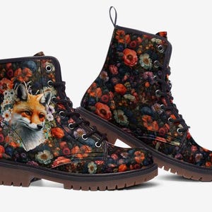 Cottagecore Floral Fox Combat Boots, Vegan Leather, Casual Leather Lightweight boots MT