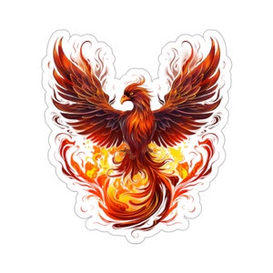 May include: A fiery orange and red phoenix bird with outstretched wings, rising from a swirl of flames. The bird has a long, flowing tail and a sharp beak.
