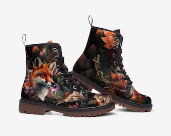 Cottagecore Fox Combat Boots, Vegan Leather, Casual Leather Lightweight boots MT