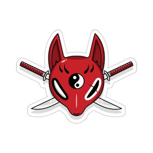 Kitsune Katana Mask Vinyl Sticker, Japanese Red Fox Anime Kitsune Kiss-Cut Stickers